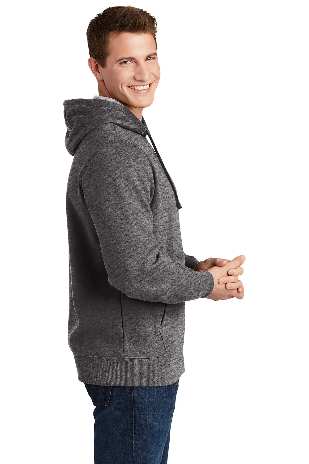 Sport-Tek Mens Shrink Resistant Fleece Hooded Sweatshirt Hoodie w/ Pouch Pocket - Heather Graphite Grey