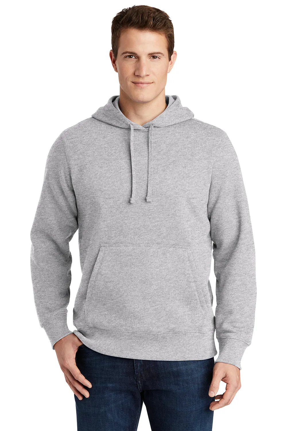 Sport-Tek Mens Shrink Resistant Fleece Hooded Sweatshirt Hoodie w/ Pouch Pocket - Heather Grey