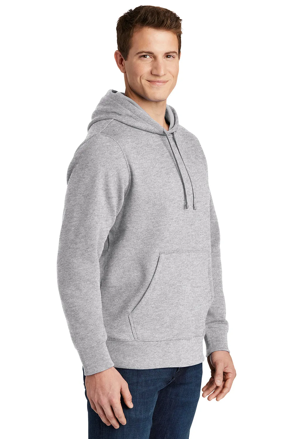 Sport-Tek Mens Shrink Resistant Fleece Hooded Sweatshirt Hoodie w/ Pouch Pocket - Heather Grey
