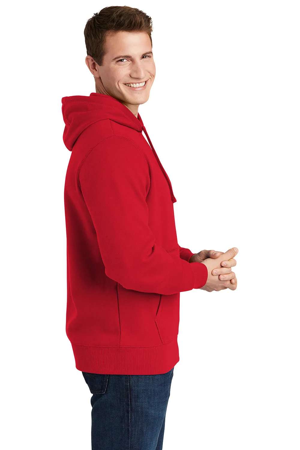 Sport-Tek Mens Shrink Resistant Fleece Hooded Sweatshirt Hoodie w/ Pouch Pocket - True Red