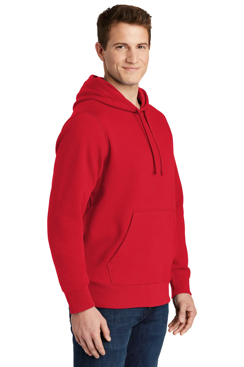 Sport-Tek Mens Shrink Resistant Fleece Hooded Sweatshirt Hoodie w/ Pouch Pocket - True Red