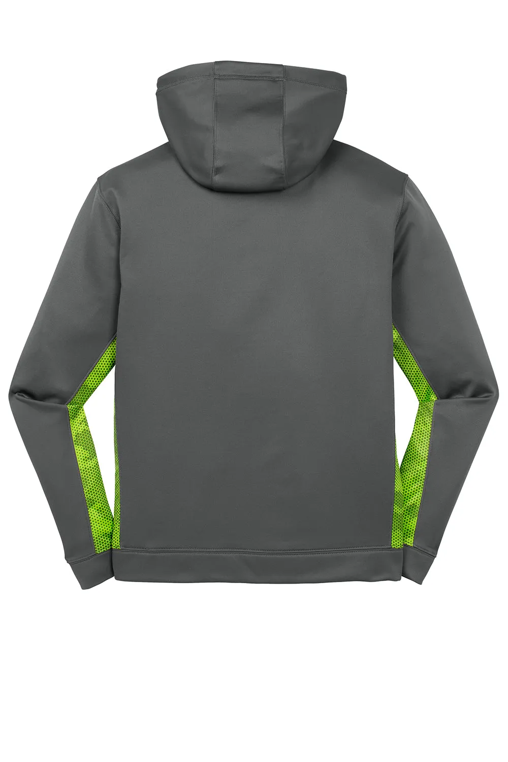 Sport-Tek Mens Sport-Wick CamoHex Moisture Wicking Fleece Hooded Sweatshirt Hoodie w/ Pouch Pocket - Dark Smoke Grey/Lime Shock Green