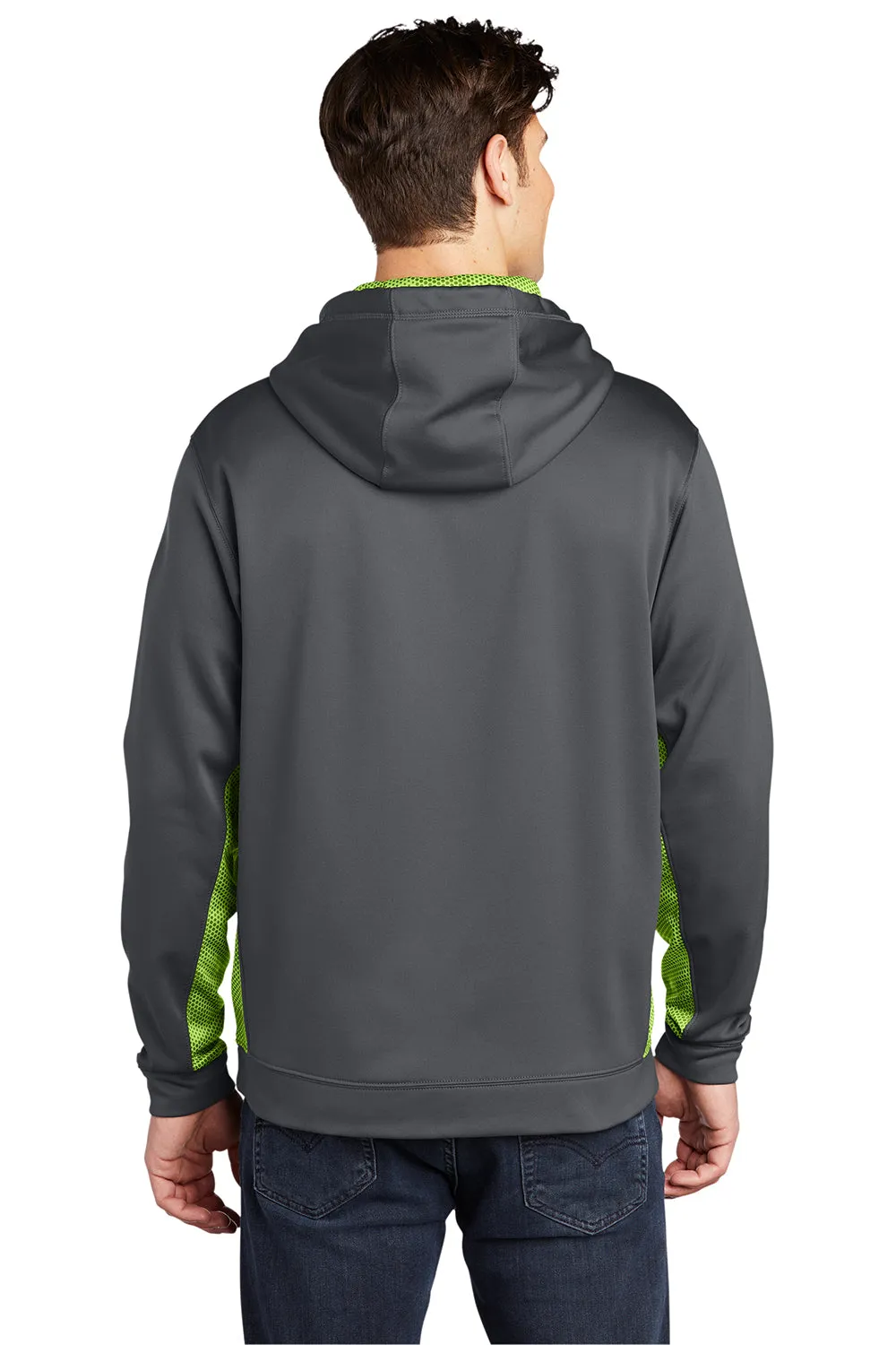Sport-Tek Mens Sport-Wick CamoHex Moisture Wicking Fleece Hooded Sweatshirt Hoodie w/ Pouch Pocket - Dark Smoke Grey/Lime Shock Green