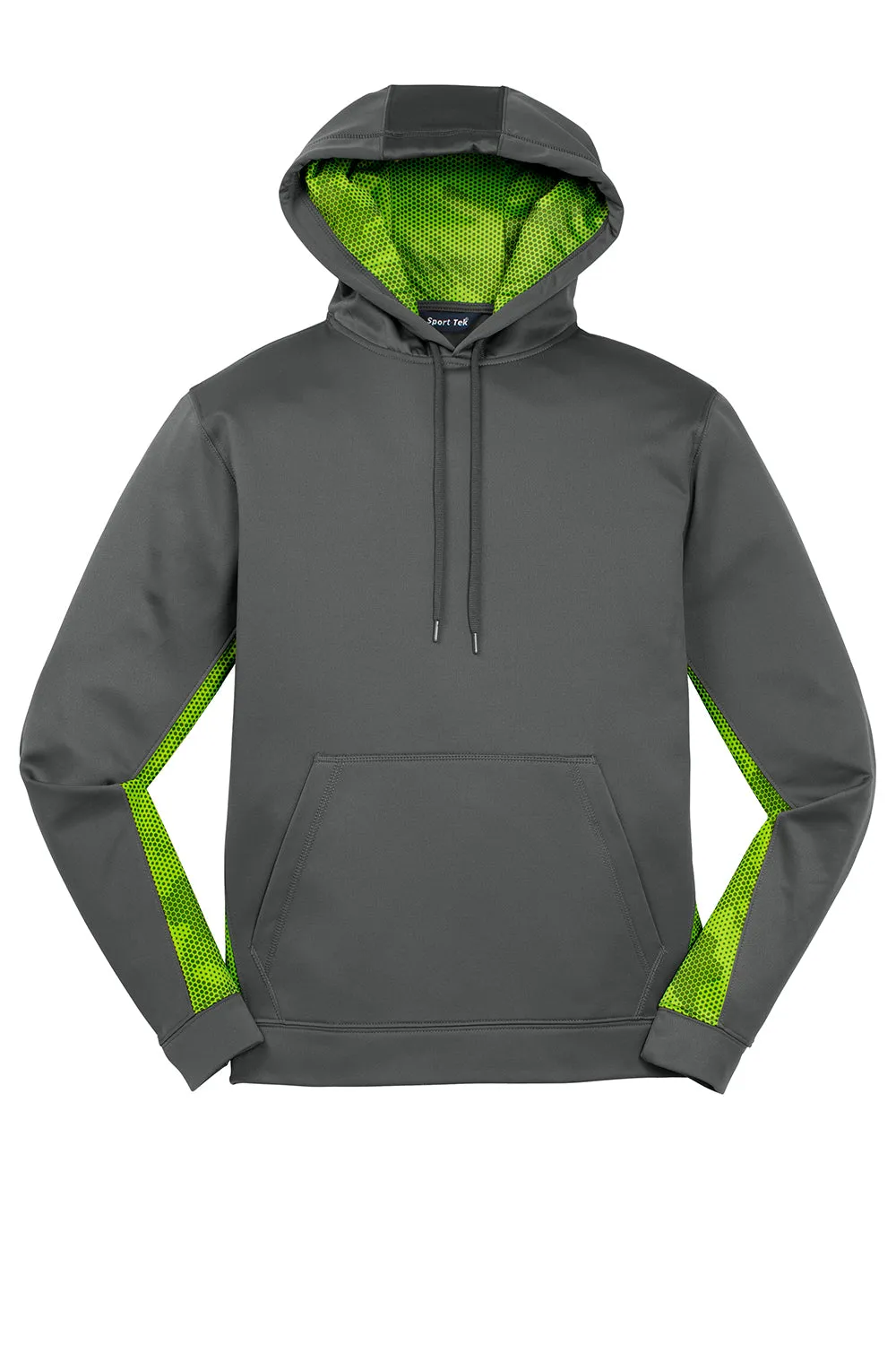 Sport-Tek Mens Sport-Wick CamoHex Moisture Wicking Fleece Hooded Sweatshirt Hoodie w/ Pouch Pocket - Dark Smoke Grey/Lime Shock Green