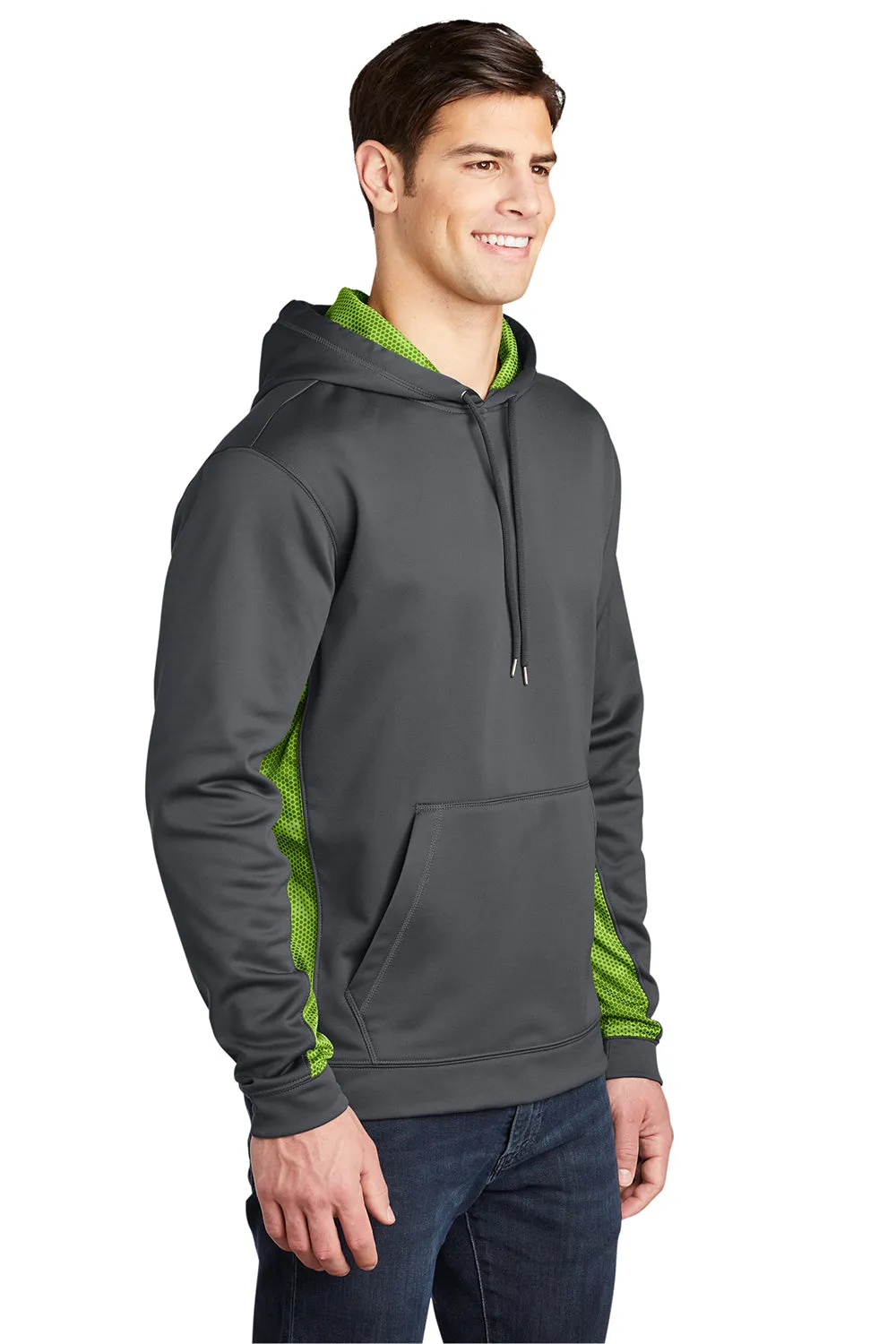Sport-Tek Mens Sport-Wick CamoHex Moisture Wicking Fleece Hooded Sweatshirt Hoodie w/ Pouch Pocket - Dark Smoke Grey/Lime Shock Green