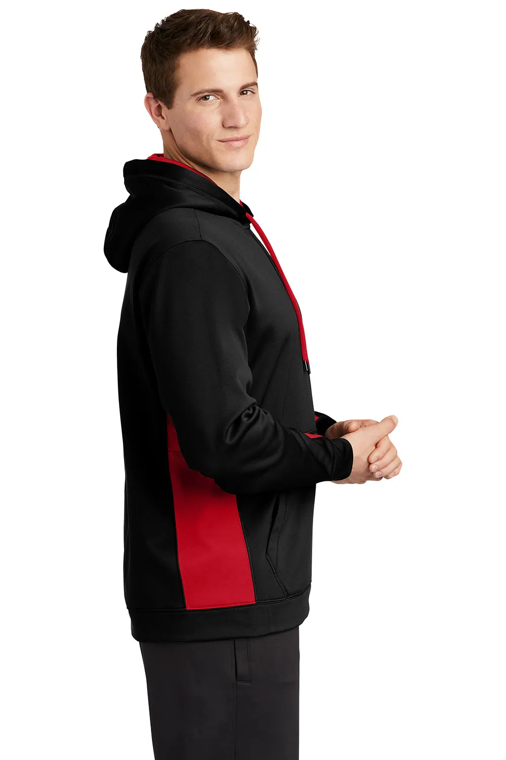 Sport-Tek Mens Sport-Wick Moisture Wicking Fleece Hooded Sweatshirt Hoodie w/ Pouch Pocket - Black/Deep Red