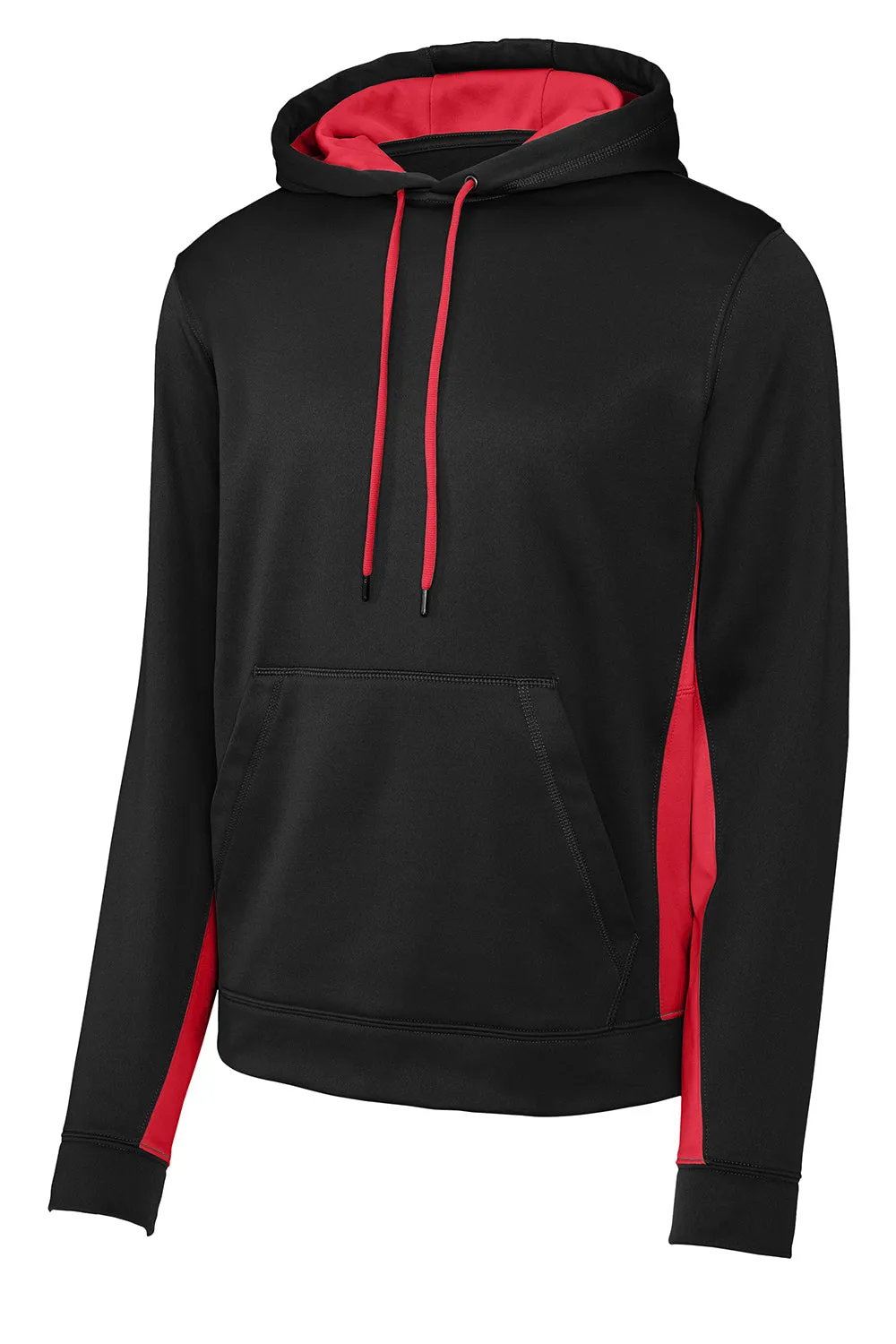 Sport-Tek Mens Sport-Wick Moisture Wicking Fleece Hooded Sweatshirt Hoodie w/ Pouch Pocket - Black/Deep Red