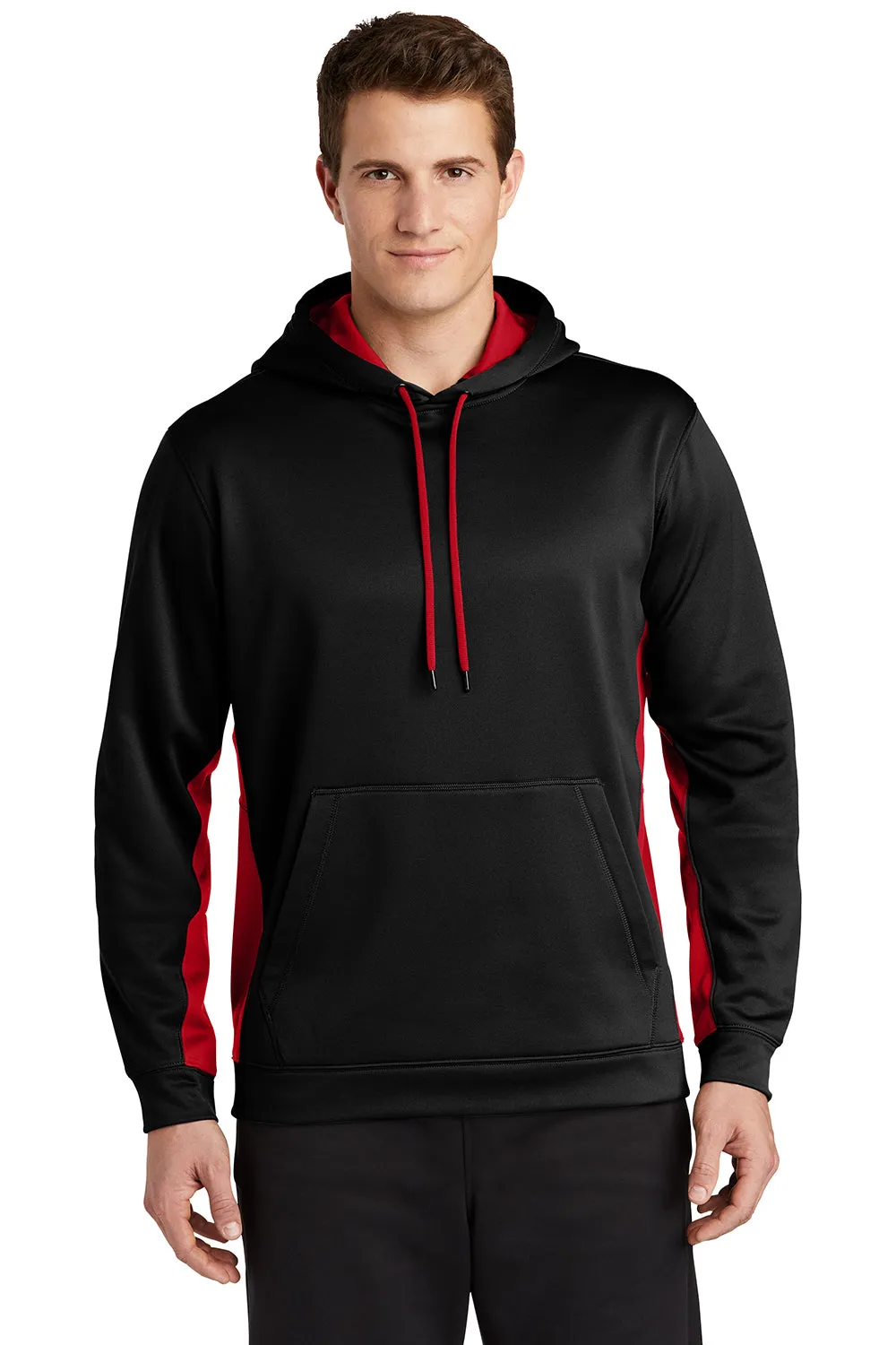Sport-Tek Mens Sport-Wick Moisture Wicking Fleece Hooded Sweatshirt Hoodie w/ Pouch Pocket - Black/Deep Red