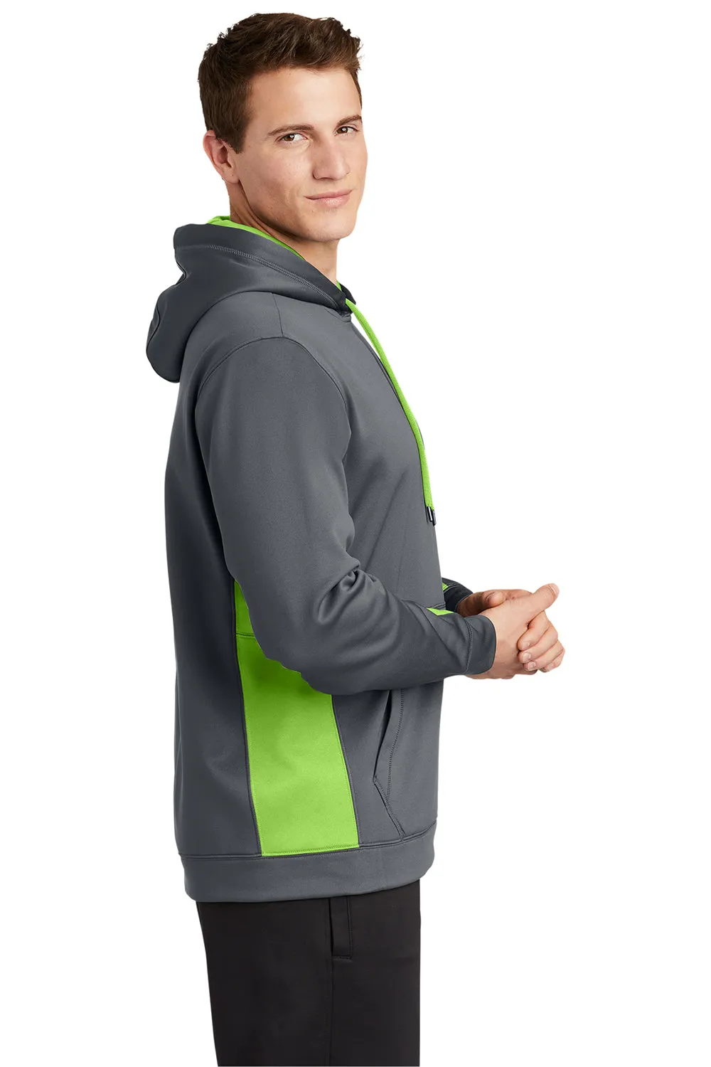 Sport-Tek Mens Sport-Wick Moisture Wicking Fleece Hooded Sweatshirt Hoodie w/ Pouch Pocket - Dark Smoke Grey/Lime Shock Green