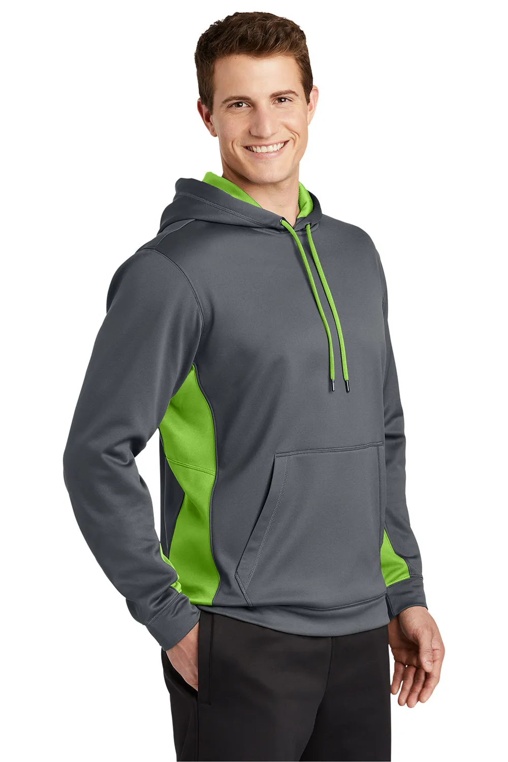 Sport-Tek Mens Sport-Wick Moisture Wicking Fleece Hooded Sweatshirt Hoodie w/ Pouch Pocket - Dark Smoke Grey/Lime Shock Green