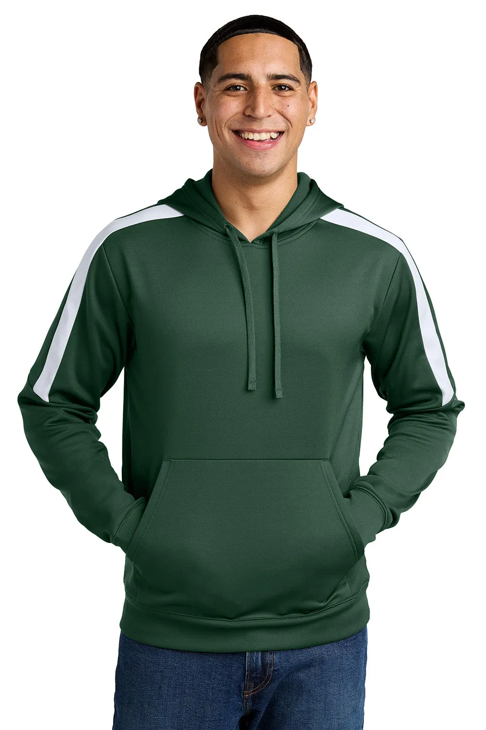Sport-Tek Mens Sport-Wick Moisture Wicking United Fleece Hooded Sweatshirt Hoodie w/ Pouch Pocket - Forest Green/White