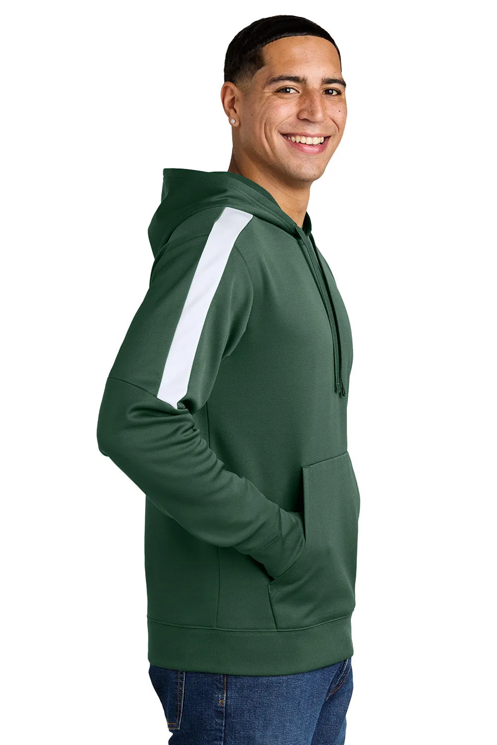 Sport-Tek Mens Sport-Wick Moisture Wicking United Fleece Hooded Sweatshirt Hoodie w/ Pouch Pocket - Forest Green/White