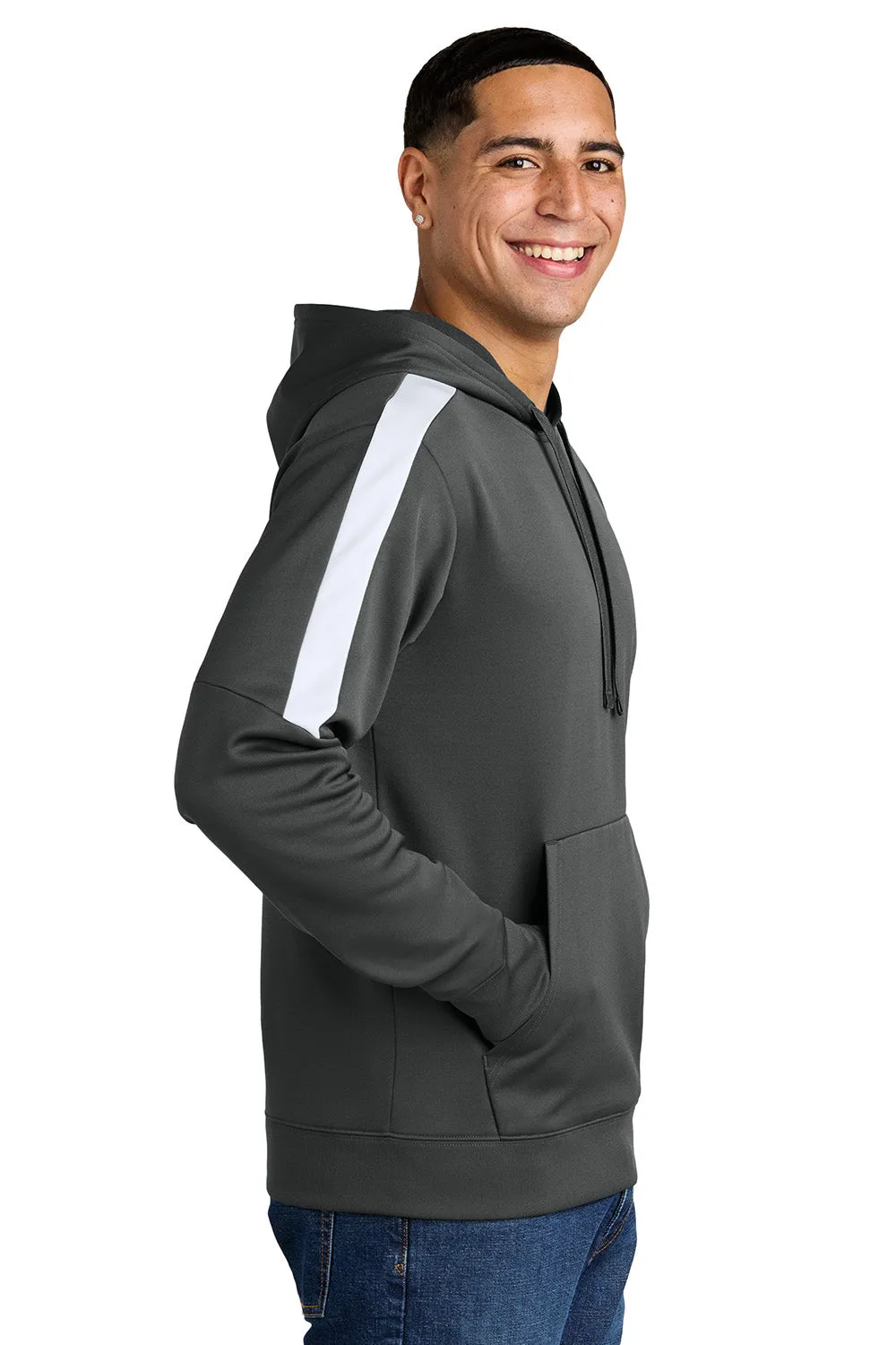 Sport-Tek Mens Sport-Wick Moisture Wicking United Fleece Hooded Sweatshirt Hoodie w/ Pouch Pocket - Iron Grey/White