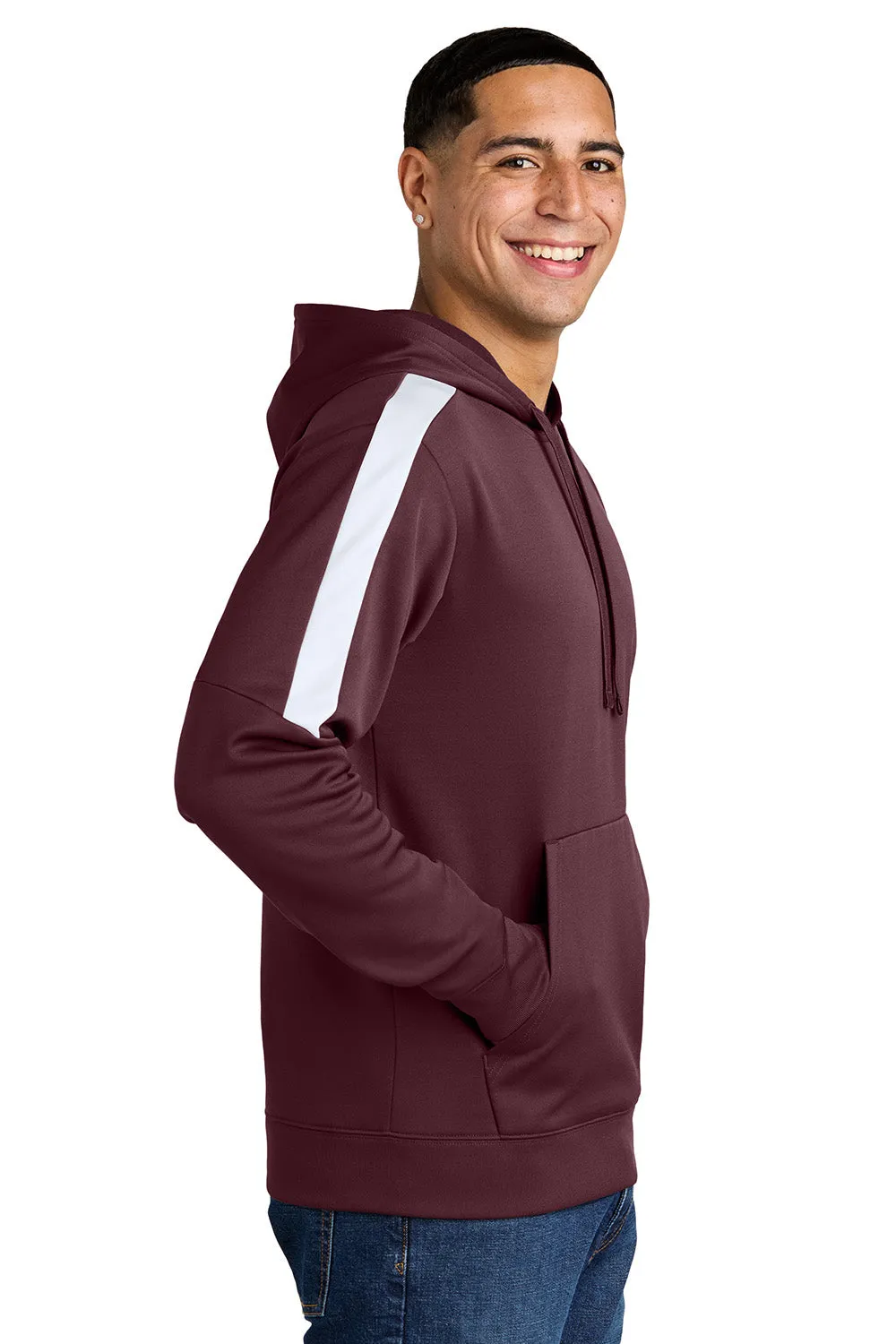 Sport-Tek Mens Sport-Wick Moisture Wicking United Fleece Hooded Sweatshirt Hoodie w/ Pouch Pocket - Maroon/White