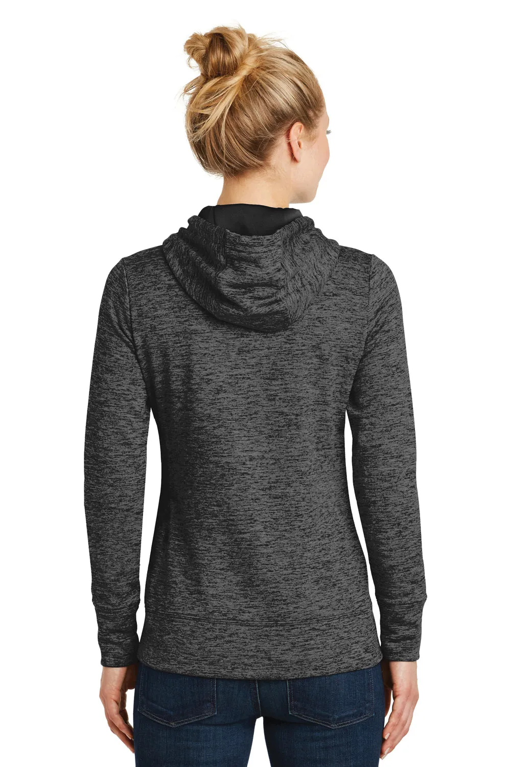 Sport-Tek Womens Electric Heather Moisture Wicking Fleece Hooded Sweatshirt Hoodie w/ Pouch Pocket - Grey Black Electric