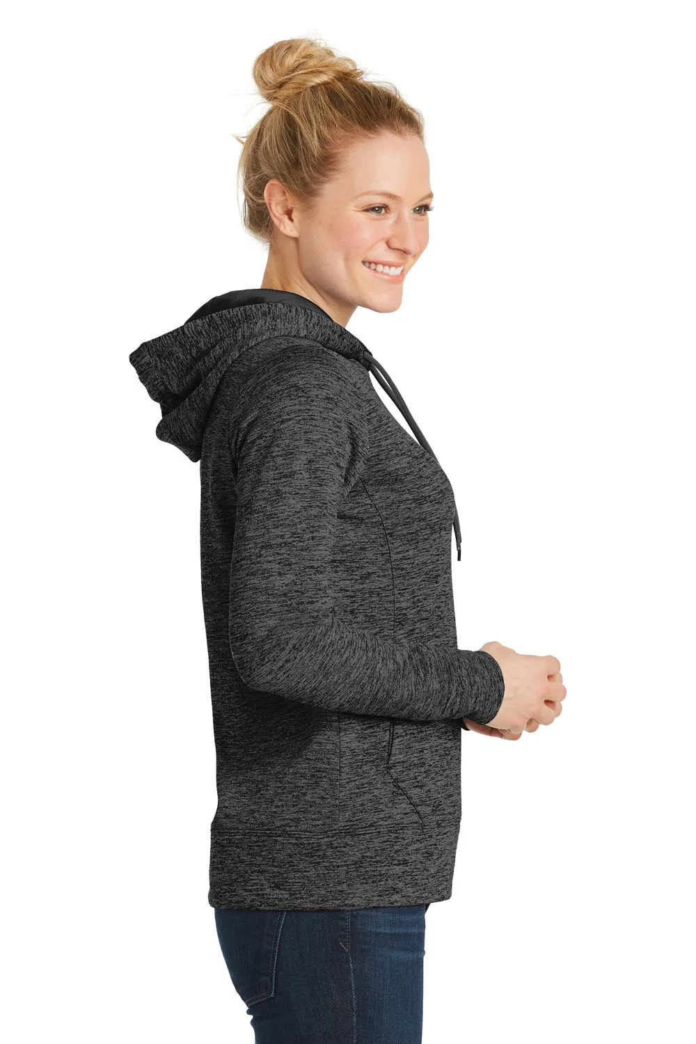 Sport-Tek Womens Electric Heather Moisture Wicking Fleece Hooded Sweatshirt Hoodie w/ Pouch Pocket - Grey Black Electric
