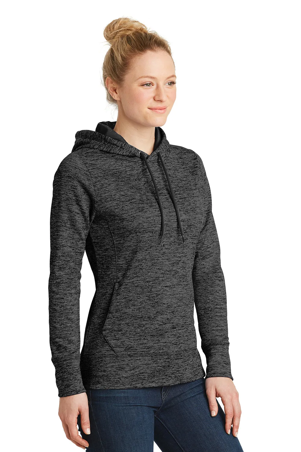 Sport-Tek Womens Electric Heather Moisture Wicking Fleece Hooded Sweatshirt Hoodie w/ Pouch Pocket - Grey Black Electric