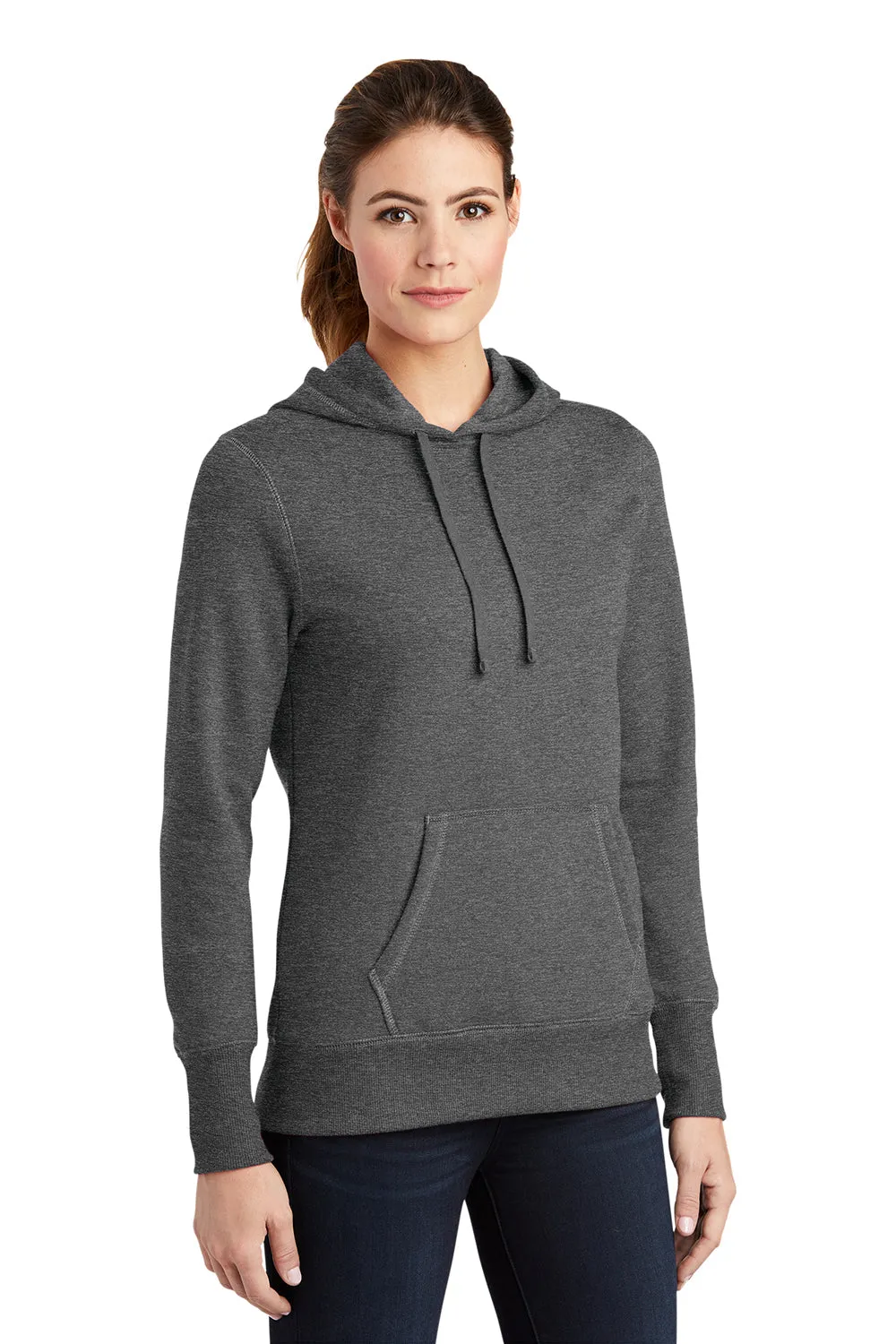 Sport-Tek Womens Shrink Resistant Fleece Hooded Sweatshirt Hoodie w/ Pouch Pocket - Heather Vintage Grey
