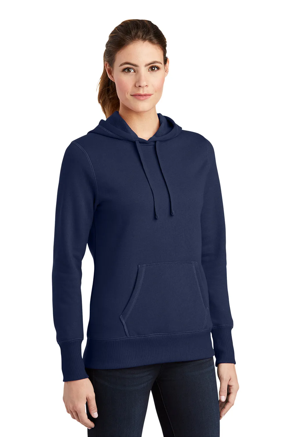 Sport-Tek Womens Shrink Resistant Fleece Hooded Sweatshirt Hoodie w/ Pouch Pocket - True Navy Blue