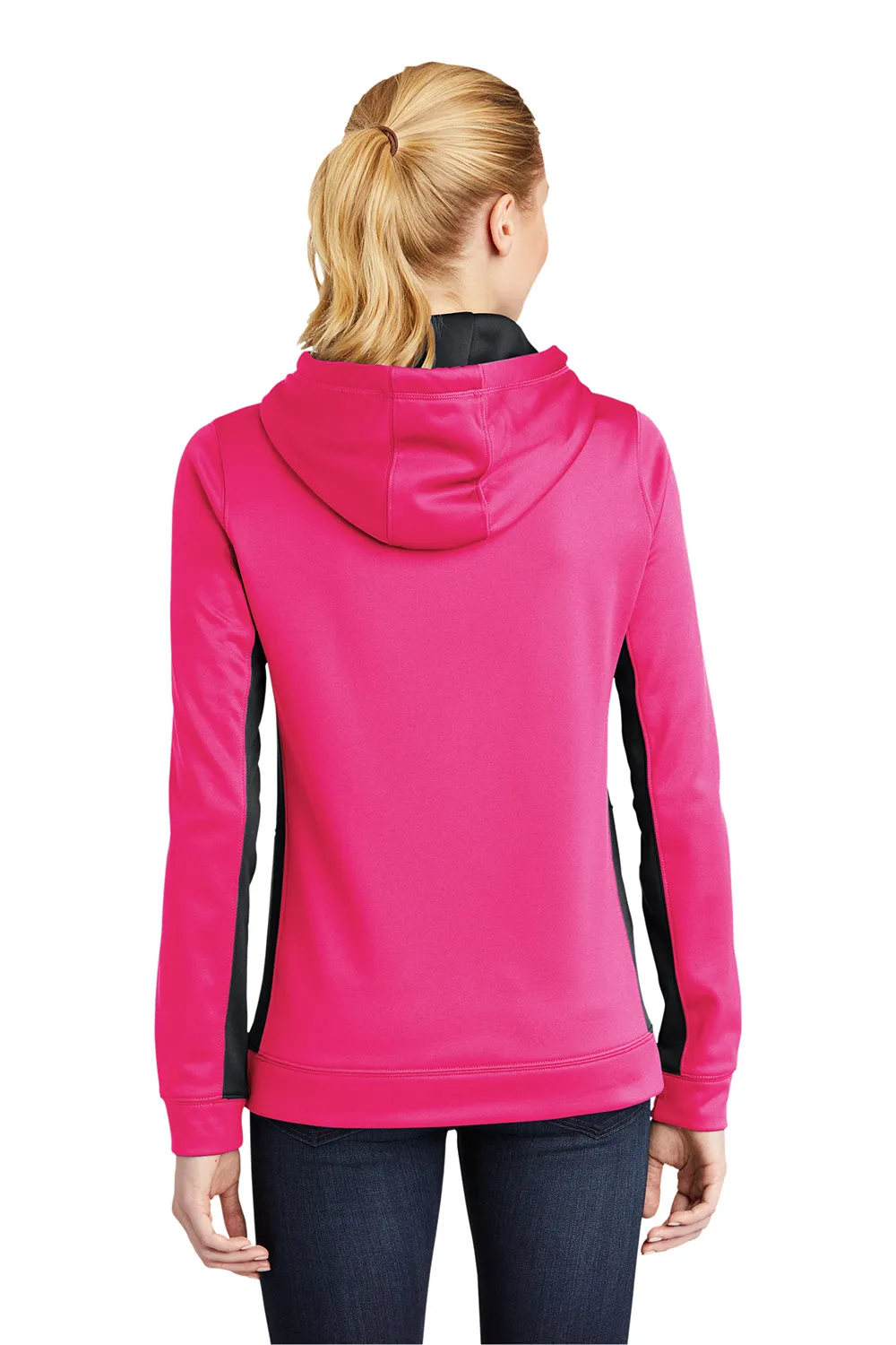 Sport-Tek Womens Sport-Wick Moisture Wicking Fleece Hooded Sweatshirt Hoodie w/ Pouch Pocket - Neon Pink/Black - Closeout