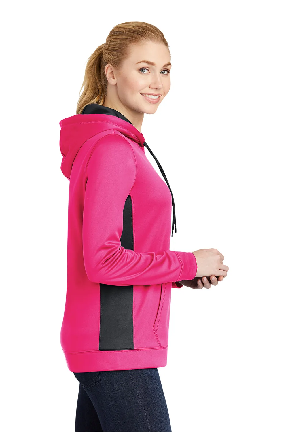 Sport-Tek Womens Sport-Wick Moisture Wicking Fleece Hooded Sweatshirt Hoodie w/ Pouch Pocket - Neon Pink/Black - Closeout