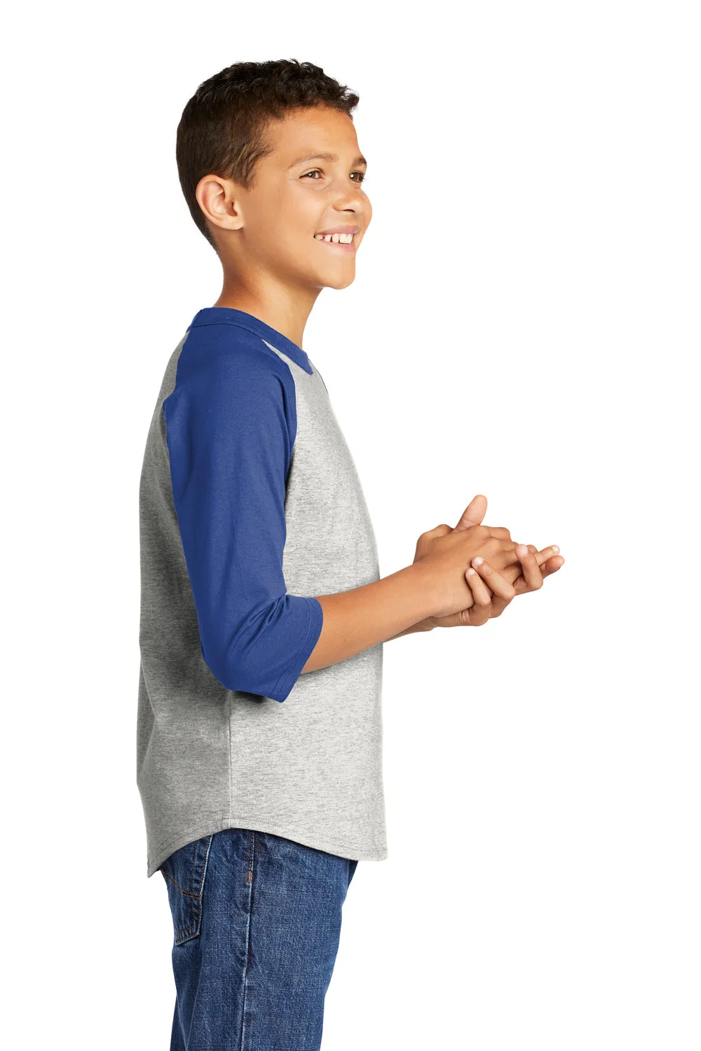 Sport-Tek Youth 3/4 Sleeve Crewneck T-Shirt - Heather Grey/Royal Blue