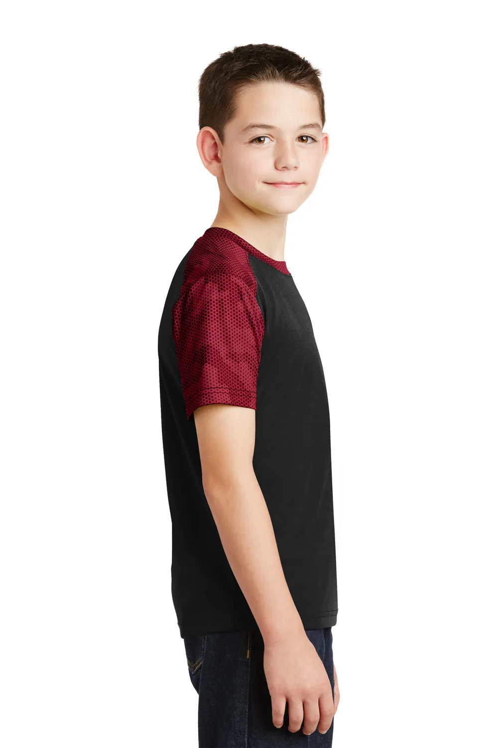 Sport-Tek Youth CamoHex Moisture Wicking Short Sleeve Crewneck T-Shirt - Black/Deep Red - Closeout