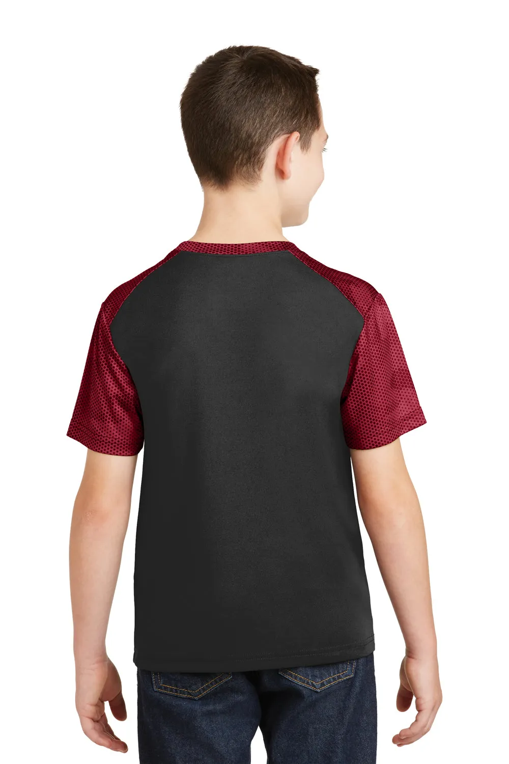 Sport-Tek Youth CamoHex Moisture Wicking Short Sleeve Crewneck T-Shirt - Black/Deep Red - Closeout