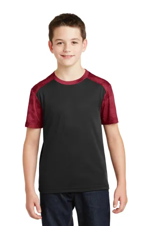 Sport-Tek Youth CamoHex Moisture Wicking Short Sleeve Crewneck T-Shirt - Black/Deep Red - Closeout