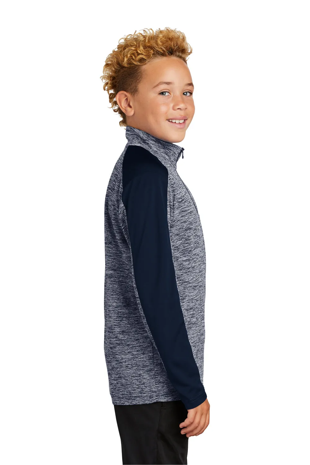 Sport-Tek Youth Electric Heather Moisture Wicking 1/4 Zip Sweatshirt - True Navy Blue Electric/True Navy Blue