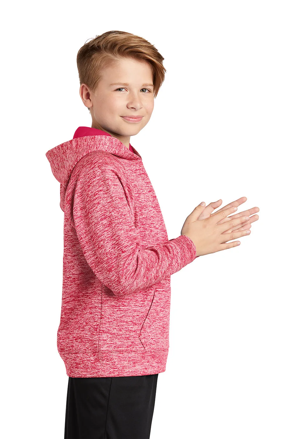 Sport-Tek Youth Electric Heather Moisture Wicking Fleece Hooded Sweatshirt Hoodie w/ Pouch Pocket - Power Pink Electric - Closeout