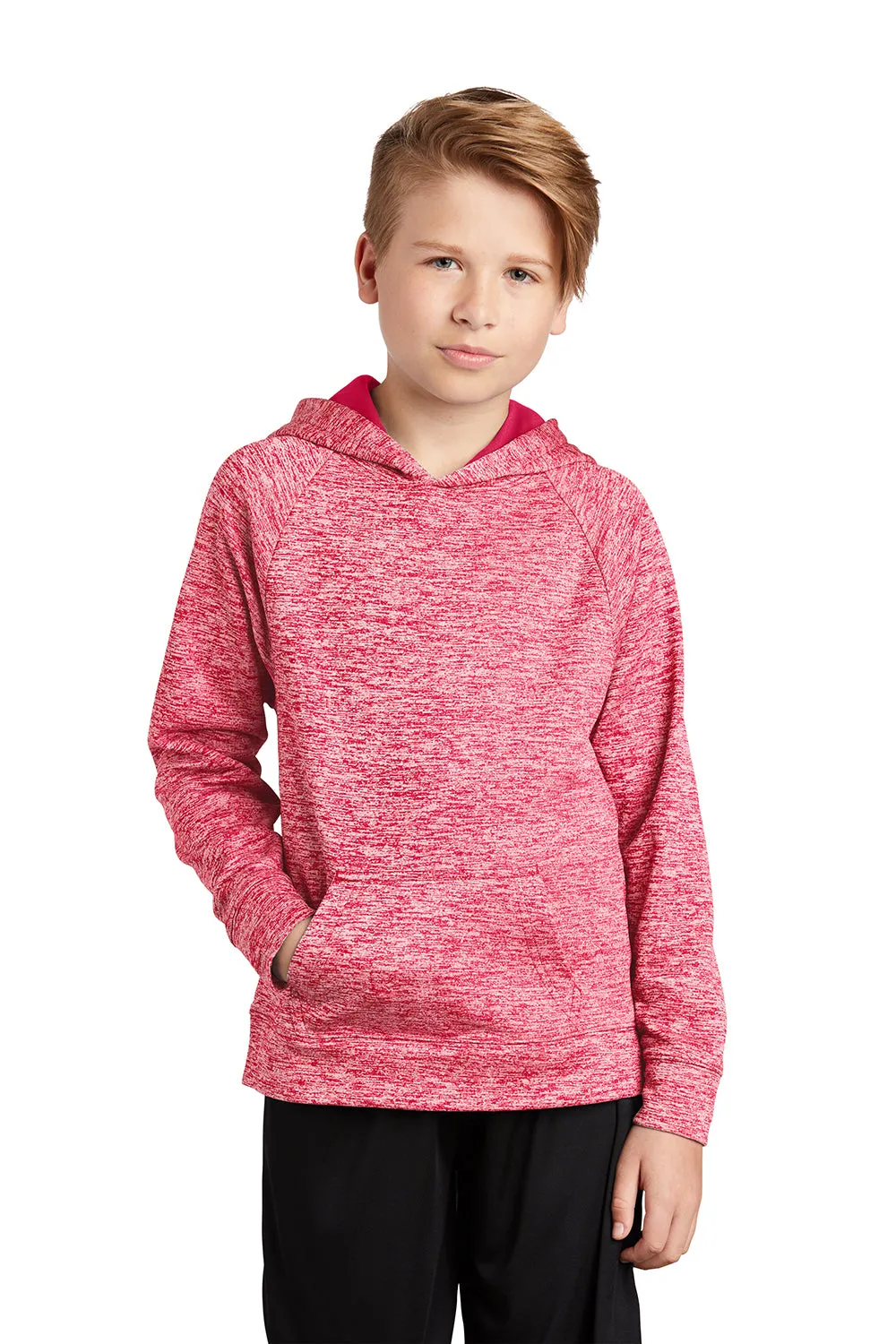 Sport-Tek Youth Electric Heather Moisture Wicking Fleece Hooded Sweatshirt Hoodie w/ Pouch Pocket - Power Pink Electric - Closeout
