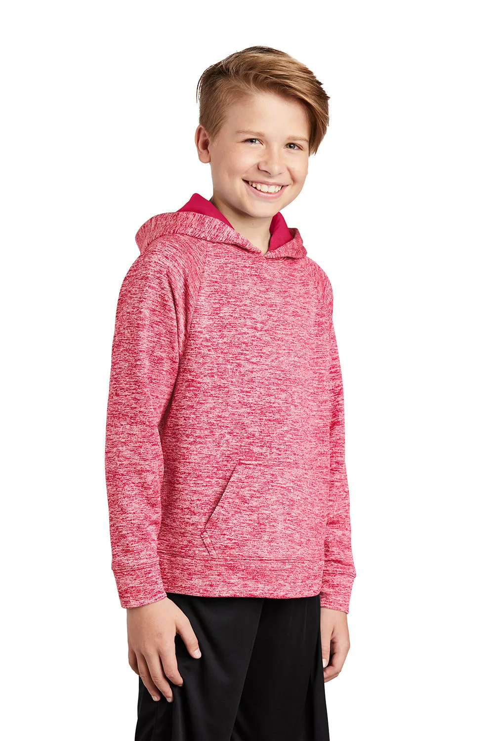 Sport-Tek Youth Electric Heather Moisture Wicking Fleece Hooded Sweatshirt Hoodie w/ Pouch Pocket - Power Pink Electric - Closeout