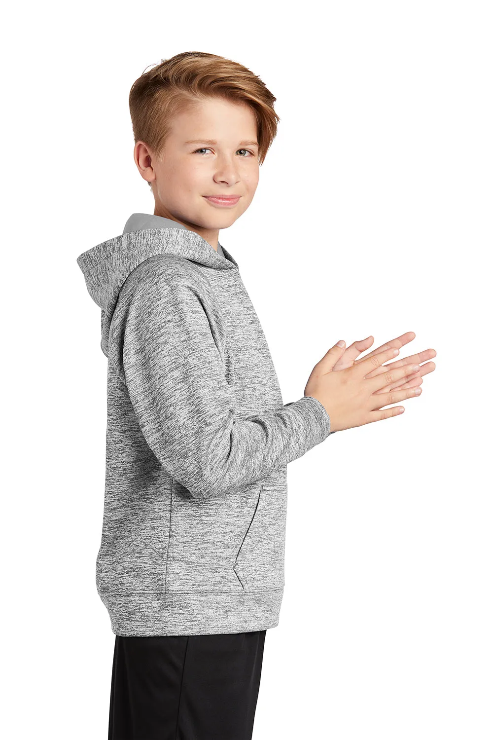 Sport-Tek Youth Electric Heather Moisture Wicking Fleece Hooded Sweatshirt Hoodie w/ Pouch Pocket - Silver Grey Electric