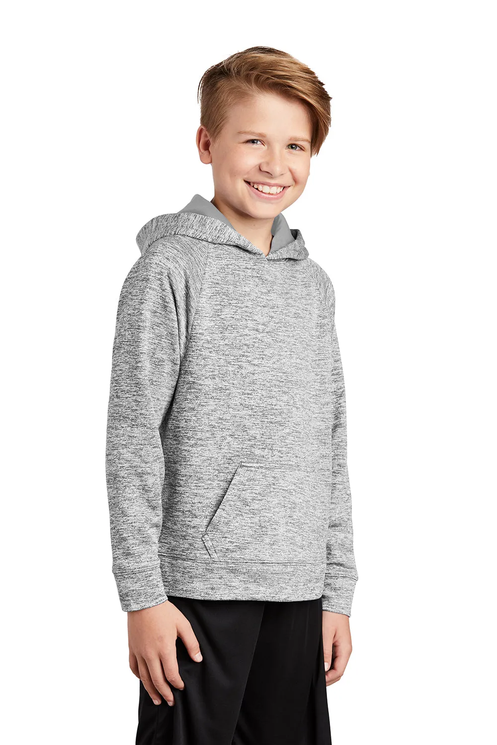Sport-Tek Youth Electric Heather Moisture Wicking Fleece Hooded Sweatshirt Hoodie w/ Pouch Pocket - Silver Grey Electric