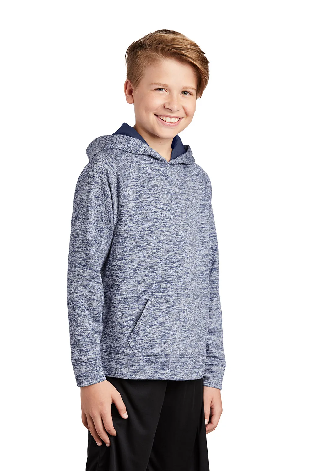 Sport-Tek Youth Electric Heather Moisture Wicking Fleece Hooded Sweatshirt Hoodie w/ Pouch Pocket - True Navy Blue Electric