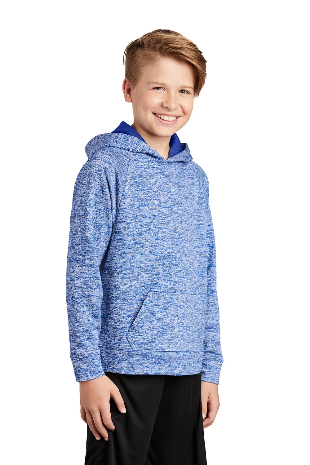 Sport-Tek Youth Electric Heather Moisture Wicking Fleece Hooded Sweatshirt Hoodie w/ Pouch Pocket - True Royal Blue Electric