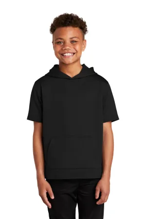 Sport-Tek Youth Fleece Moisture Wicking Short Sleeve Hooded Sweatshirt Hoodie w/ Pouch Pocket - Black