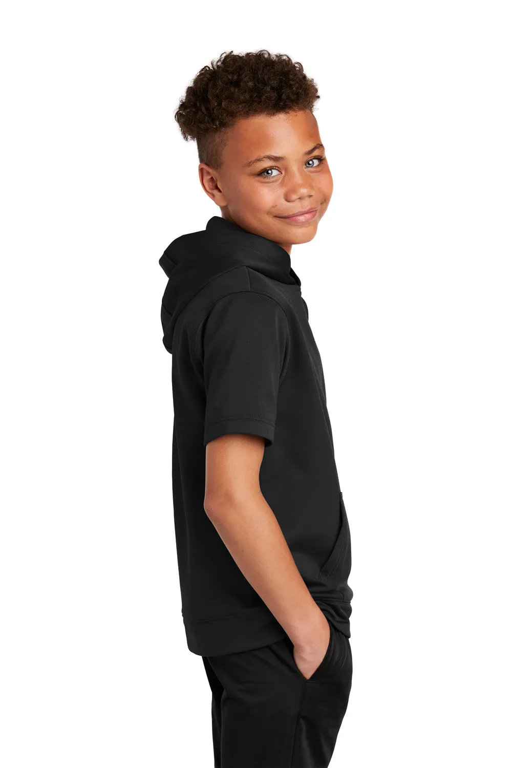 Sport-Tek Youth Fleece Moisture Wicking Short Sleeve Hooded Sweatshirt Hoodie w/ Pouch Pocket - Black