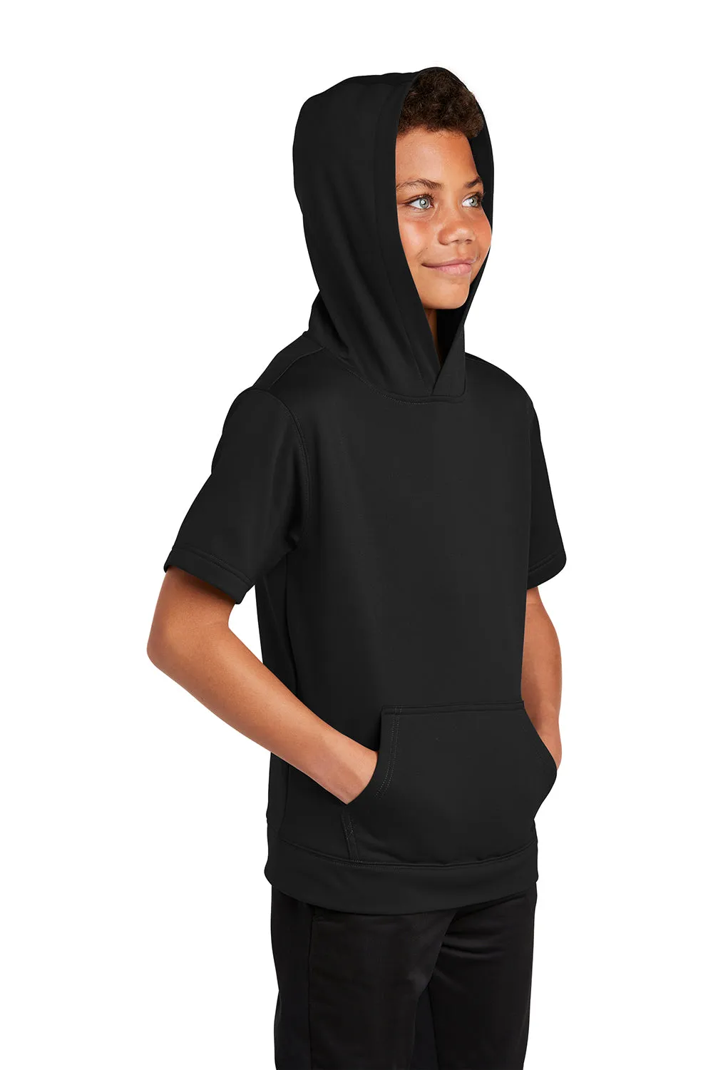 Sport-Tek Youth Fleece Moisture Wicking Short Sleeve Hooded Sweatshirt Hoodie w/ Pouch Pocket - Black