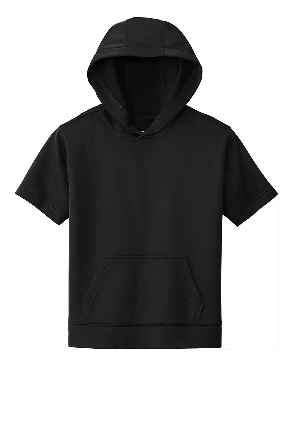 Sport-Tek Youth Fleece Moisture Wicking Short Sleeve Hooded Sweatshirt Hoodie w/ Pouch Pocket - Black
