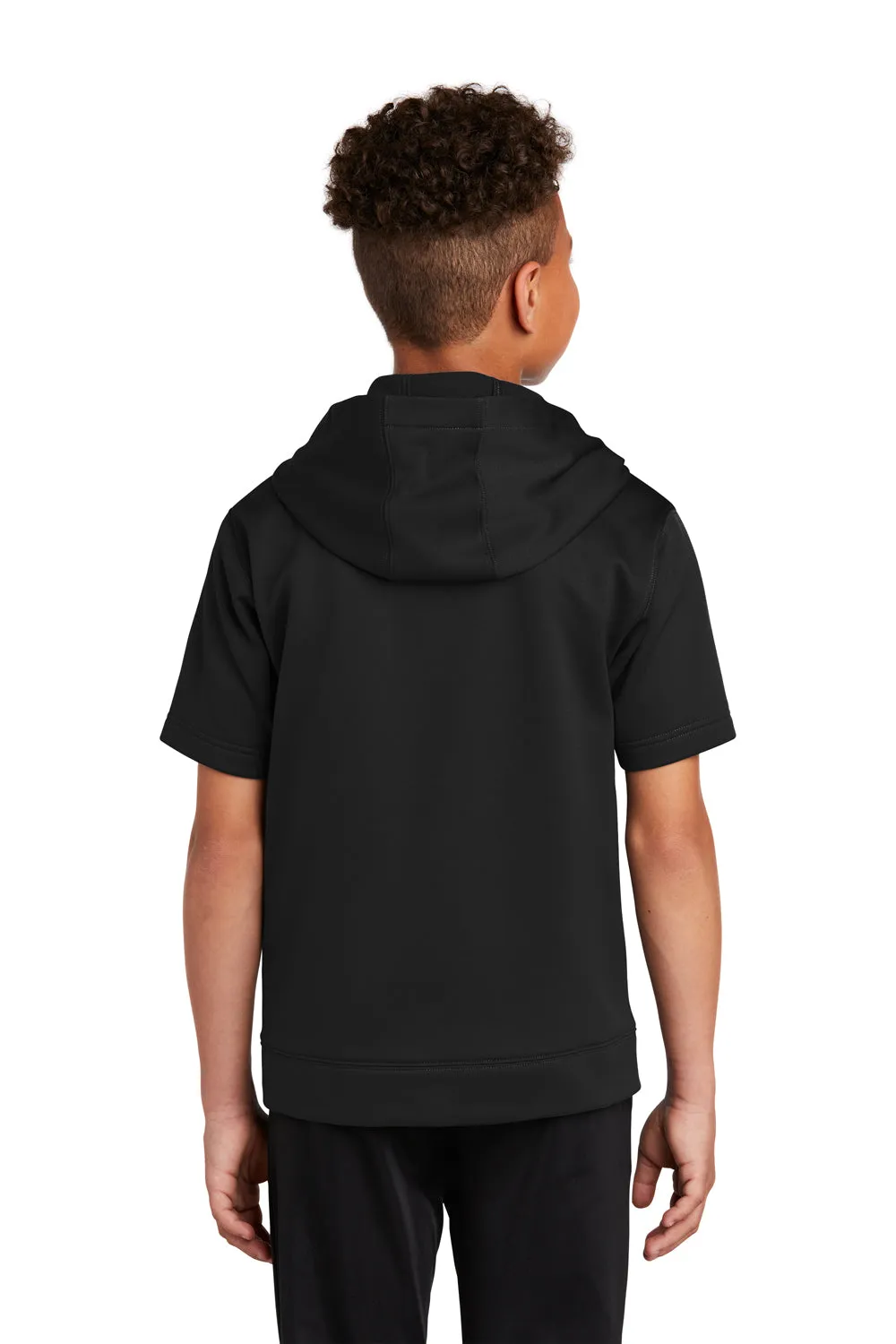 Sport-Tek Youth Fleece Moisture Wicking Short Sleeve Hooded Sweatshirt Hoodie w/ Pouch Pocket - Black