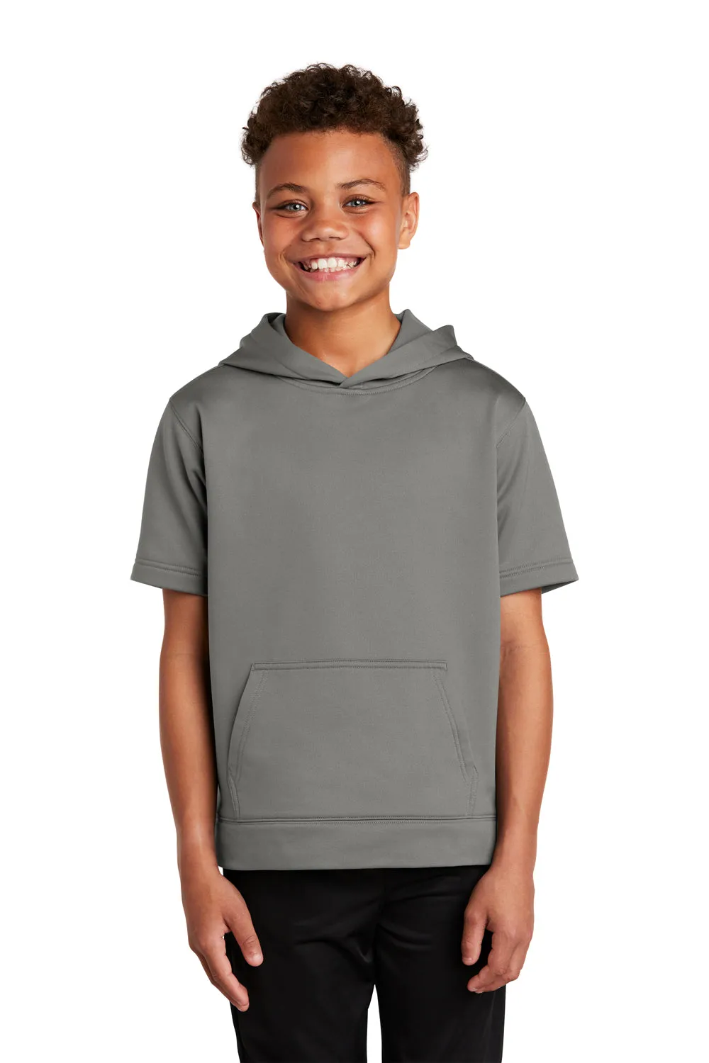 Sport-Tek Youth Fleece Moisture Wicking Short Sleeve Hooded Sweatshirt Hoodie w/ Pouch Pocket - Dark Smoke Grey