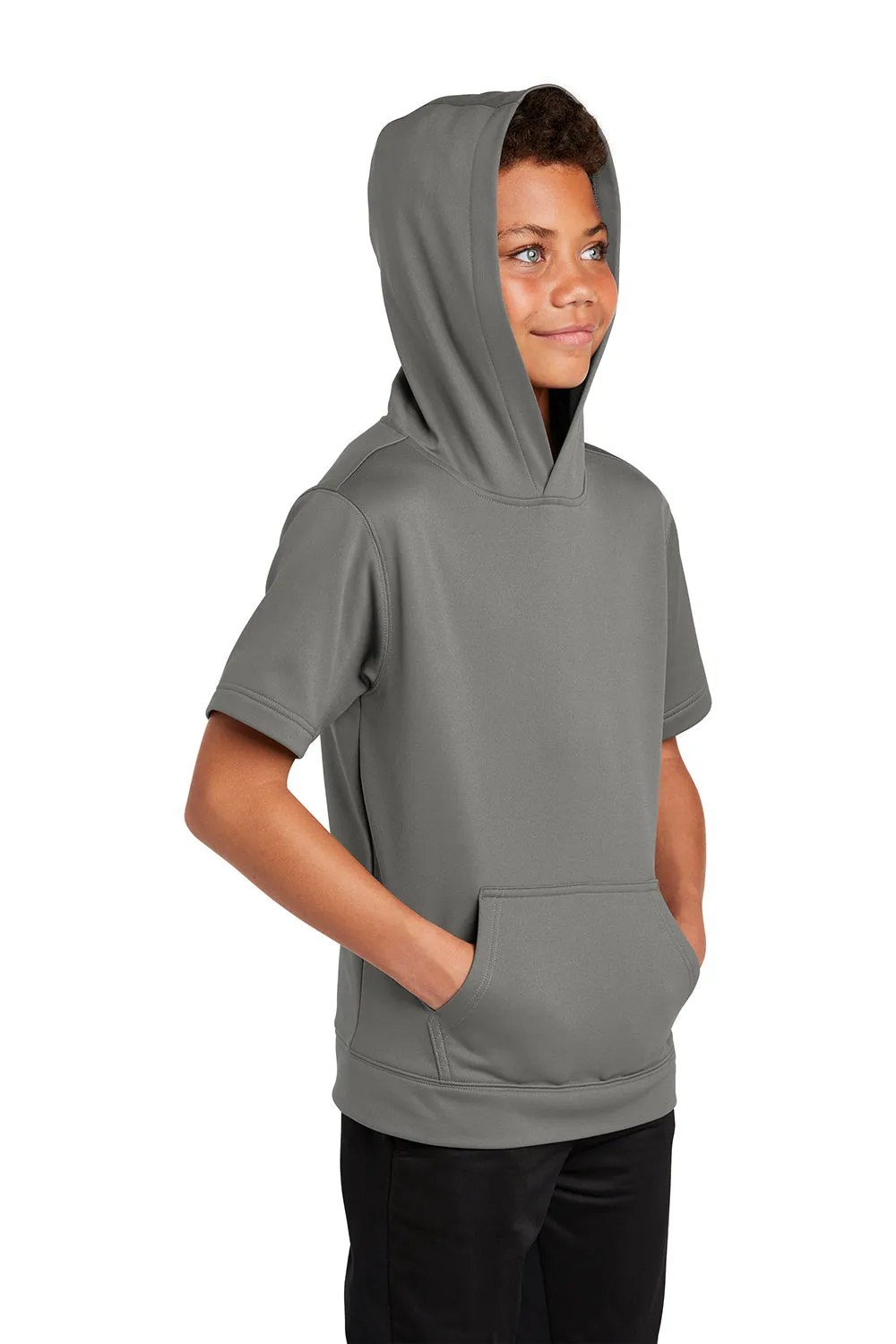 Sport-Tek Youth Fleece Moisture Wicking Short Sleeve Hooded Sweatshirt Hoodie w/ Pouch Pocket - Dark Smoke Grey