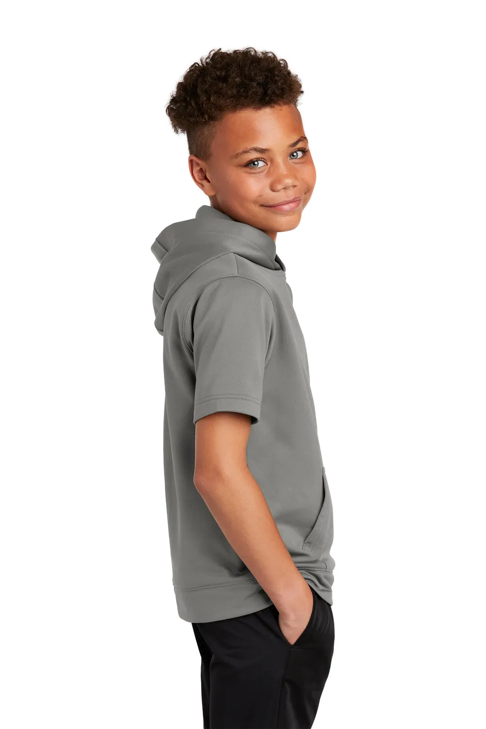 Sport-Tek Youth Fleece Moisture Wicking Short Sleeve Hooded Sweatshirt Hoodie w/ Pouch Pocket - Dark Smoke Grey