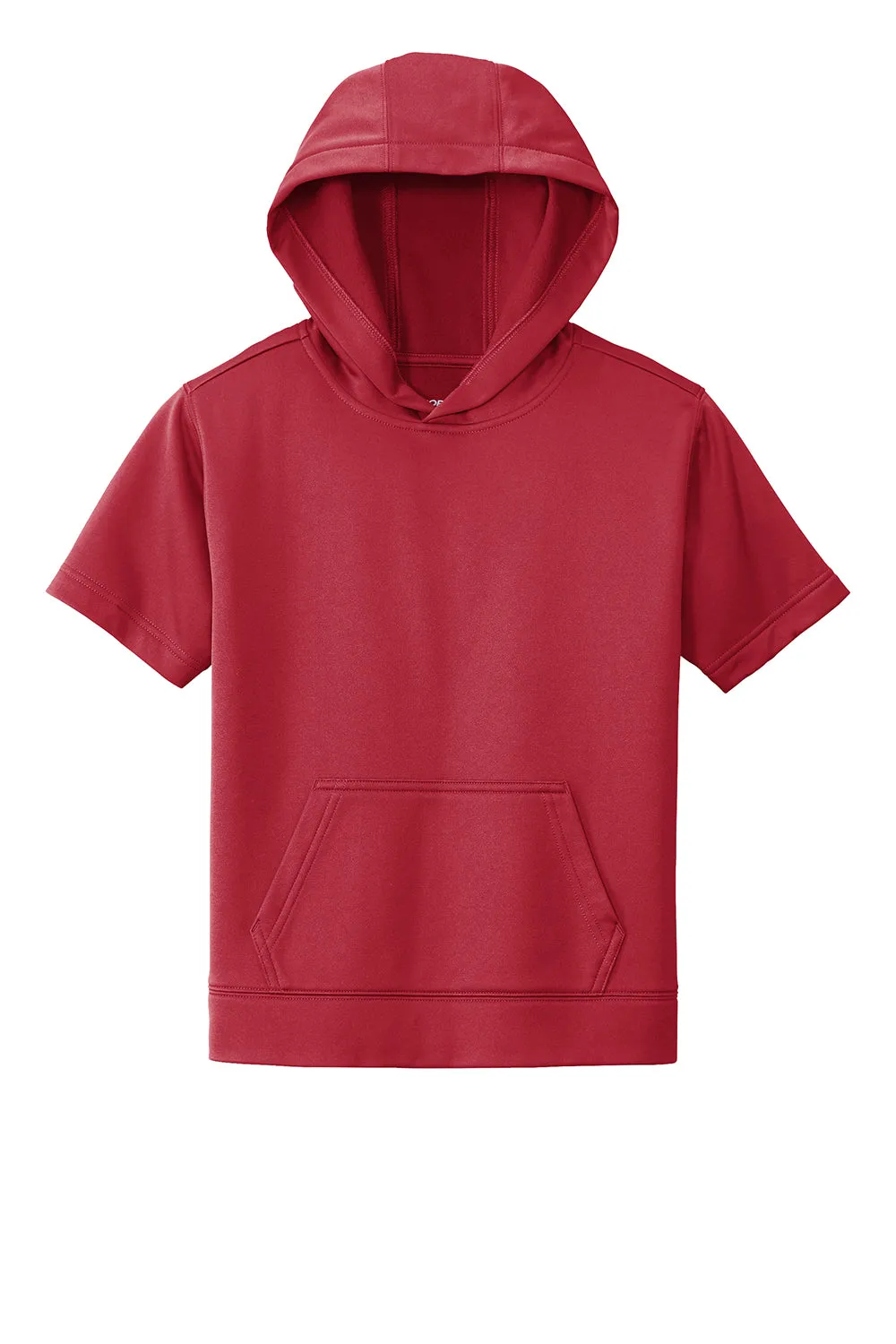 Sport-Tek Youth Fleece Moisture Wicking Short Sleeve Hooded Sweatshirt Hoodie w/ Pouch Pocket - Deep Red