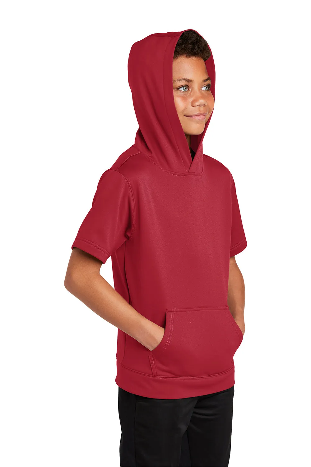 Sport-Tek Youth Fleece Moisture Wicking Short Sleeve Hooded Sweatshirt Hoodie w/ Pouch Pocket - Deep Red