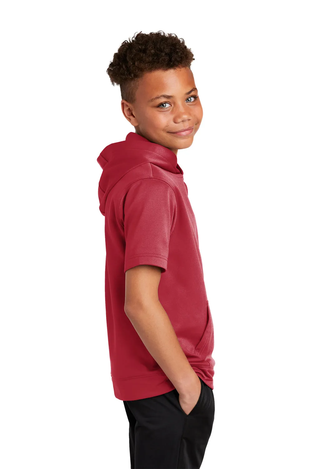 Sport-Tek Youth Fleece Moisture Wicking Short Sleeve Hooded Sweatshirt Hoodie w/ Pouch Pocket - Deep Red
