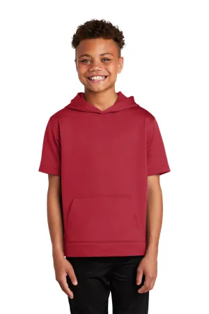 Sport-Tek Youth Fleece Moisture Wicking Short Sleeve Hooded Sweatshirt Hoodie w/ Pouch Pocket - Deep Red