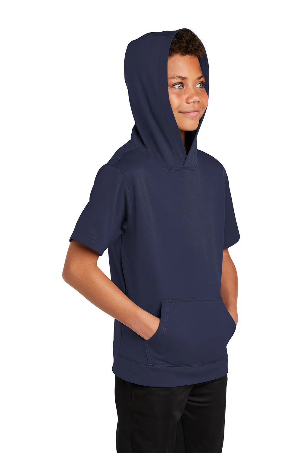Sport-Tek Youth Fleece Moisture Wicking Short Sleeve Hooded Sweatshirt Hoodie w/ Pouch Pocket - Navy Blue